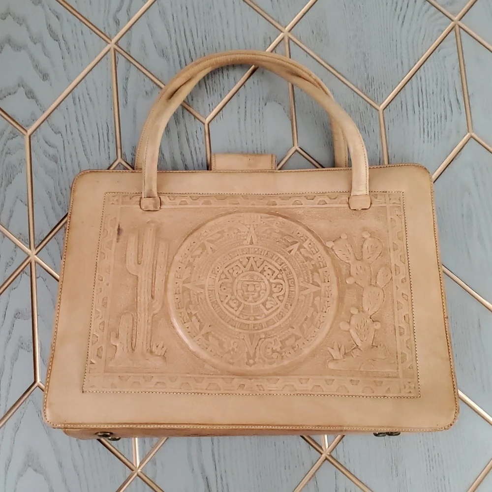 Vintage Beige Leather Mexican Satchel Bag